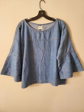Gap Chambray Cotton Denim Flare 3/4 Sleeve Boatneck Cropped Shirt Size XL